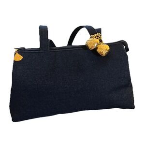 RARE Vintage Carey Adina Denim Shoulder Bag Gold Double Etched Charms Logo'd 80s